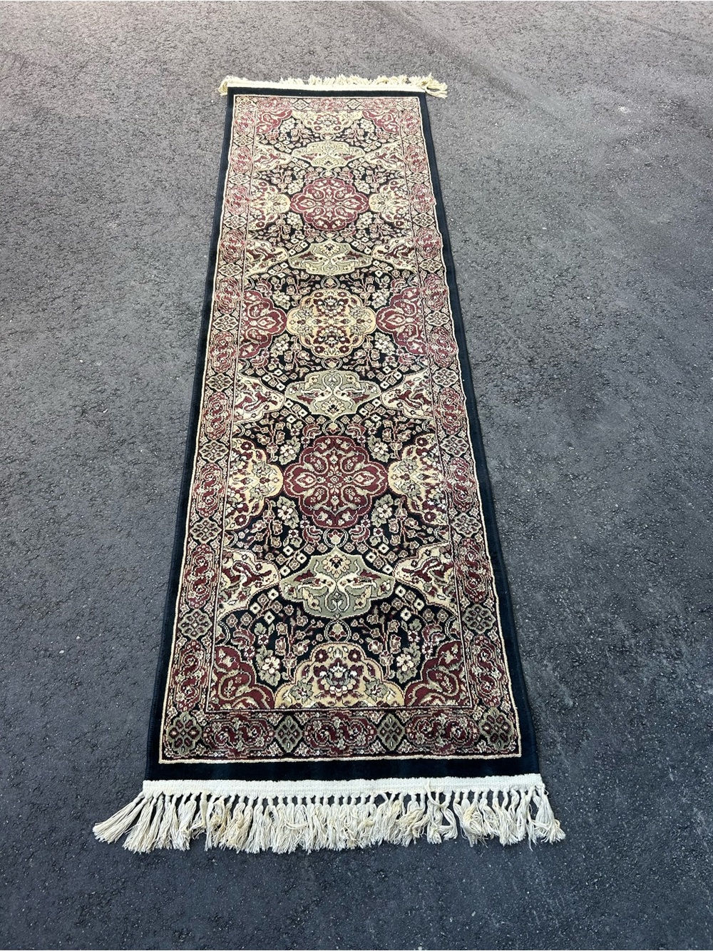 Traditional Burgundy, tan and Black Decorative Runner Rug - from Belgium
